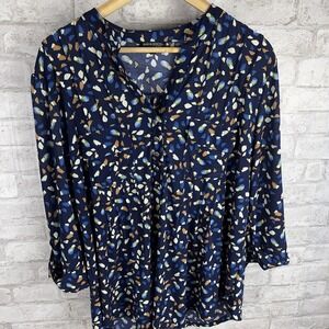 Ava & Grace Popover Top Office Y Neckline 3/4 Sleeve Navy Multi Flowy Stretch 1x